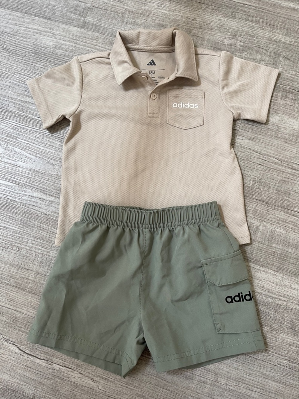 adidas Beige Polo and Olive Green Shorts Toddler Set